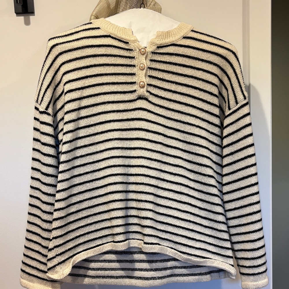 SHEIN Cream and Black Striped Button-Front Knit Sweater